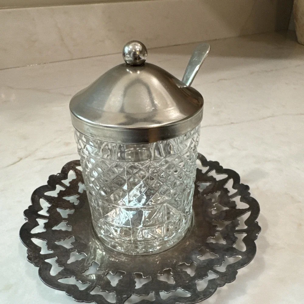 French Glass Jam Pot Preserve Jar Honey Pot With Lid Sheffield England Spoon